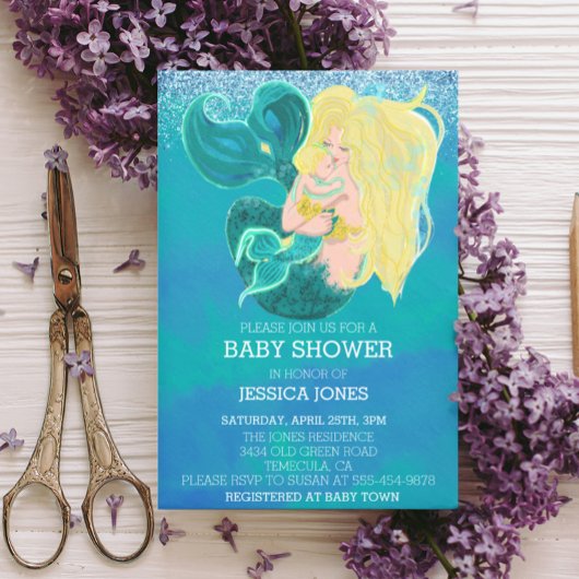 美しい母と赤ちゃんの人魚のシャワー 招待状