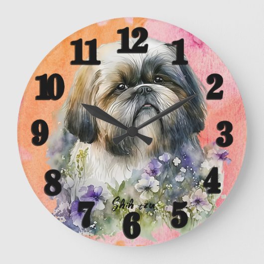 美しい水の色のシーズー(犬)tzu犬 ラージ壁時計 (正面)