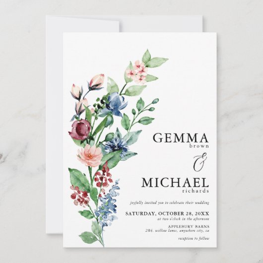 美しい水の色のフローラと緑結婚の 招待状 (正面)