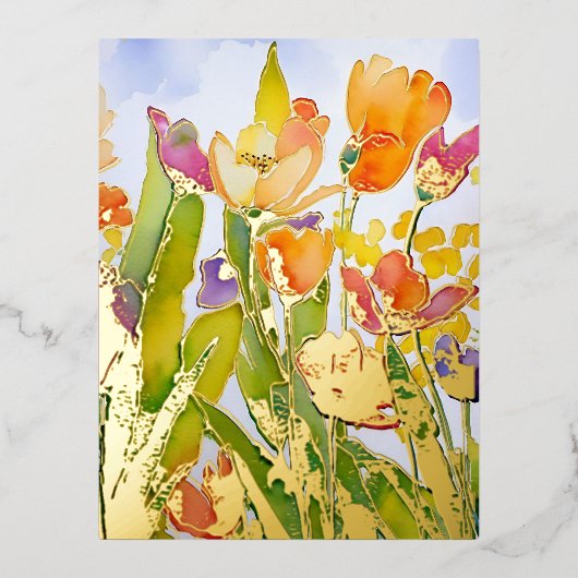 美しい水の色のフローラと金ゴールドフォイルギルト。 箔シーズンポストカード (正面)