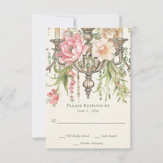 美しい水の色のフローラシャンデリア結婚ズ 出欠カード (正面)