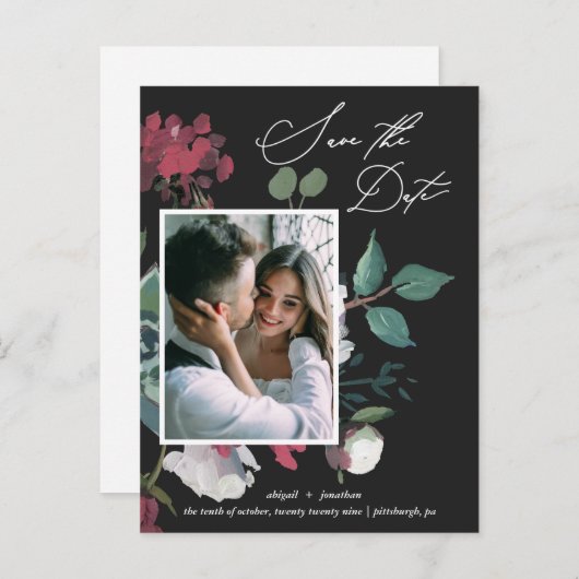 美しい水の色のフローラ黒い日付を保存 インビテーションポストカード (正面/裏面)