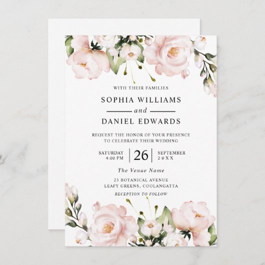 美しい水の色の花エレガントな結婚式 招待状 (正面/裏面)