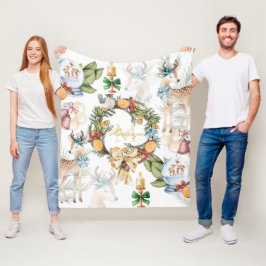 美しい水の色の鹿のクリスマスモノグラムの フリースブランケット