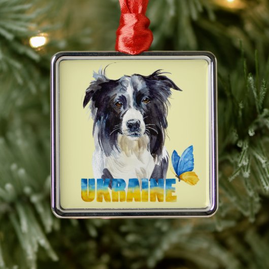 美しい水の色ウクライナ犬と蝶 メタルオーナメント (ツリー)