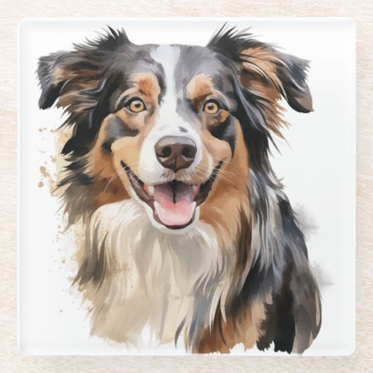 美しい水の色オーストラリアのシェプドッグ顔 ガラスコースター (正面)