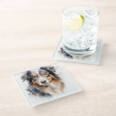 美しい水の色オーストラリアのシェプドッグ顔 ガラスコースター (アングル)