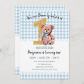 美しい水の色テディベア1st誕生日 招待状 (正面/裏面)