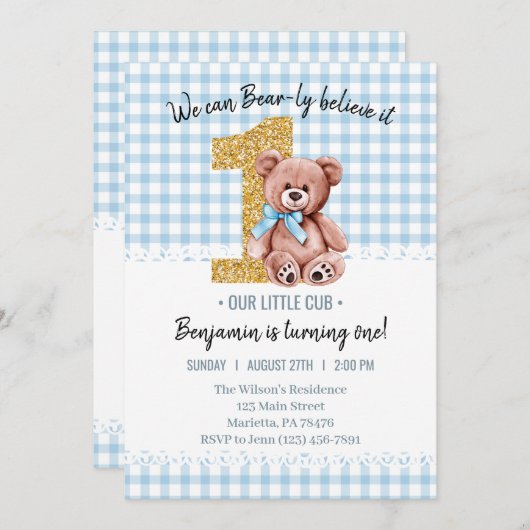 美しい水の色テディベア1st誕生日 招待状 (正面/裏面)