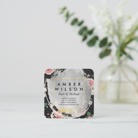 美しい水の色フローラゴールドフォイルレザー スクエア名刺 (スタンド正面)