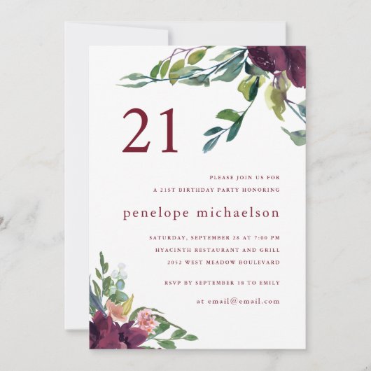 美しい水の色フローラ21st誕生日 招待状 (正面)