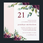 美しい水の色フローラ21st誕生日 招待状<br><div class="desc">美しくシックな水彩植物フローラと緑の21番目の誕生祝いパーティの招待状は、紫色のバーガンディの花と緑と美しいパステルピンクの背中とエレガント21のタイポグラフィと葉の開花と白いフロント。</div>