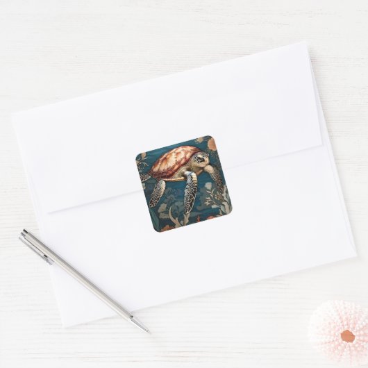 美しい水中ウミガメ スクエアシール (封筒)