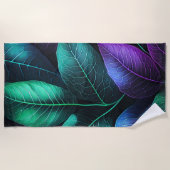 美しい水彩の熱帯紅葉パープルグリーン ビーチタオル (正面)