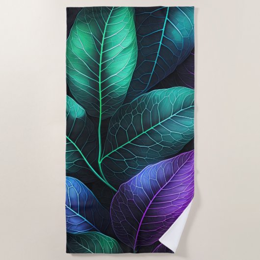 美しい水彩の熱帯紅葉パープルグリーン ビーチタオル (正面)