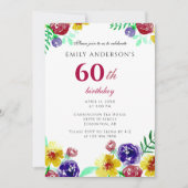 美しい水彩の花60番目の誕生日 招待状 (正面)