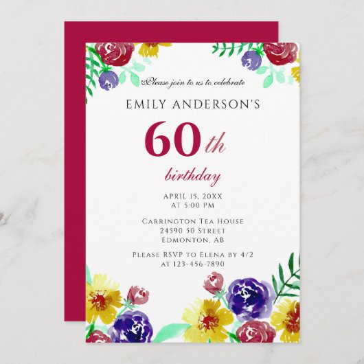 美しい水彩の花60番目の誕生日 招待状 (正面/裏面)