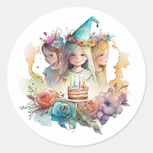美しい水彩の誕生日ステッカー ラウンドシール (正面)