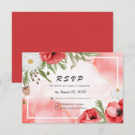美しい水彩の赤いポピー花のウェディング 出欠カード