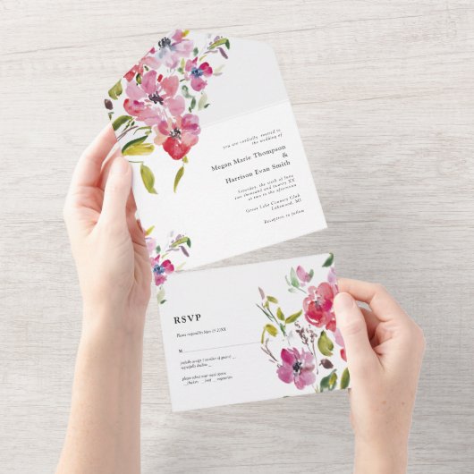 美しい水彩の野生の花のウェディングデザイン オールインワン招待状 (貼ってはがせる)
