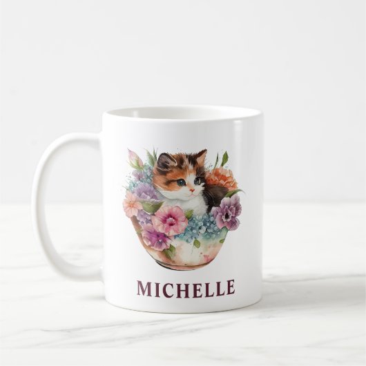 美しい水彩カラーコートの猫と花 コーヒーマグカップ (左)