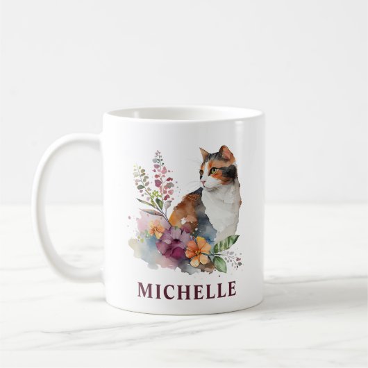 美しい水彩カラーコートの猫と花 コーヒーマグカップ (左)