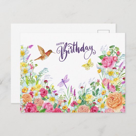 美しい水彩ガーデンの花、お誕生日おめでとう ポストカード (正面/裏面)