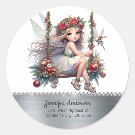美しい水彩クリスマス妖精 ラウンドシール (正面)