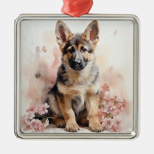 美しい水彩ジャーマンシェパードの子犬 メタルオーナメント (正面)