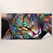 美しい水彩ステンドグラス猫 ビーチタオル (正面)