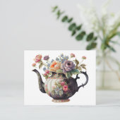 美しい水彩ティーポット、花、ティーカップ ポストカード (スタンド正面)