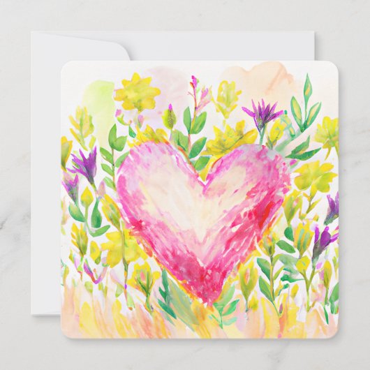 美しい水彩ハートとフラワーカード (正面)