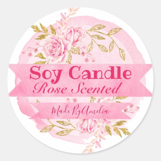 美しい水彩バラ香り大豆キャンドルラベル ラウンドシール (正面)
