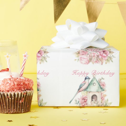 美しい水彩バードハウスピンクの花 ラッピングペーパー (誕生日パーティー)