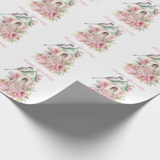 美しい水彩バードハウスピンクの花 ラッピングペーパー (角)