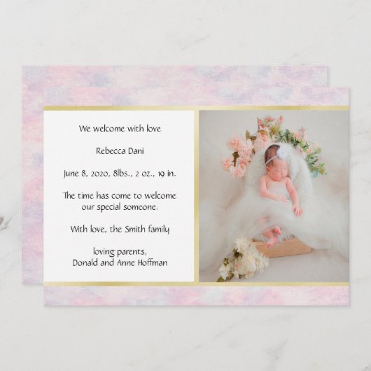 美しい水彩ピンクの出生発表 招待状 (正面/裏面)