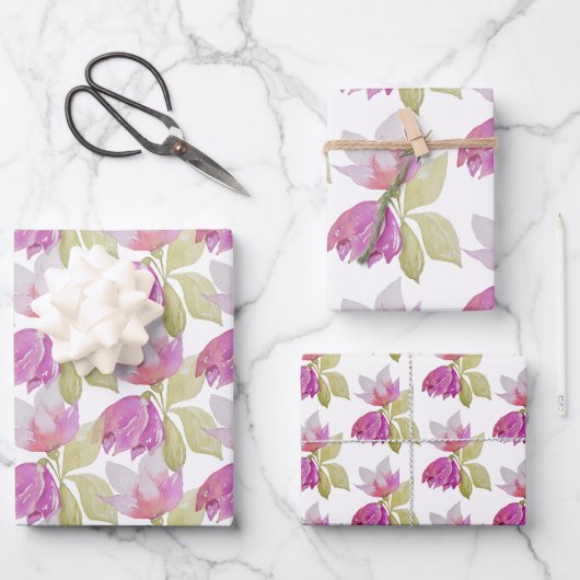 美しい水彩ピンクの花の手絵を描形 ラッピングペーパーシート (正面)