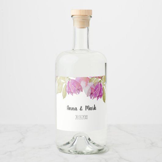 美しい水彩ピンクの花の手絵を描形 リキュールボトルラベル (正面)