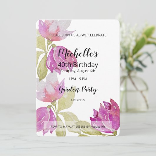 美しい水彩ピンクの花の手絵を描形 招待状 (スタンド正面)