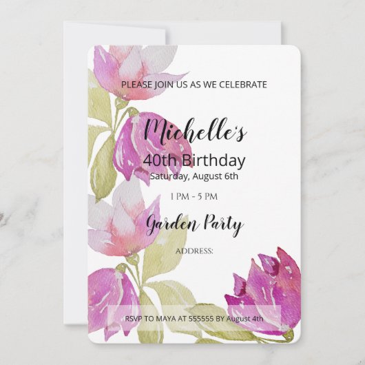 美しい水彩ピンクの花の手絵を描形 招待状 (正面)