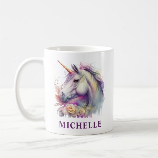 美しい水彩ファンタジーユニコーンと花 コーヒーマグカップ (左)