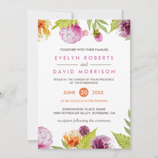 美しい水彩フローラフォーマル結婚の花 招待状