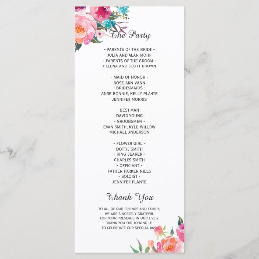 美しい水彩フローラモダン結婚式 プログラム (裏面)