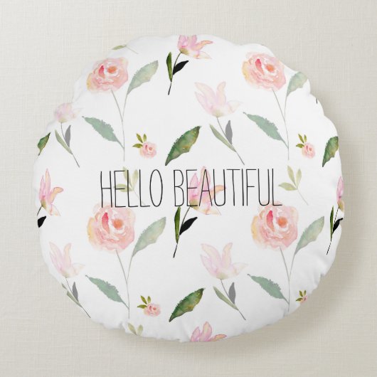 美しい水彩フローラ赤面ピンク ラウンドクッション (正面)