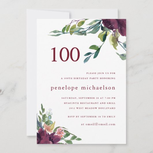美しい水彩フローラ100誕生日 招待状 (正面)