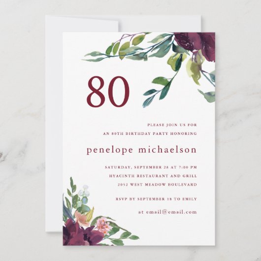 美しい水彩フローラ80誕生日 招待状 (正面)