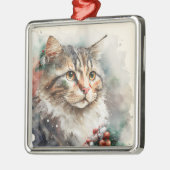 美しい水彩冬のタビーキャット顔 メタルオーナメント (左)