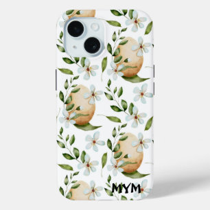 美しい水彩植物性花模様+モノグラム iPhone 15ケース