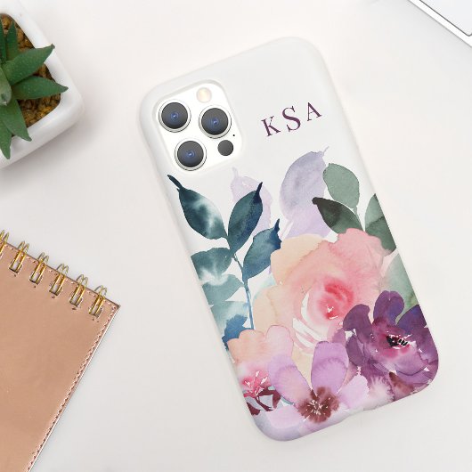 美しい水彩植物画の花とモノグラム iPhoneケース