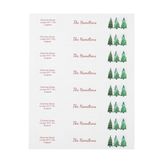 美しい水彩画のクリスマスツリーの休日 ラップアラウンド宛名ラベル (シート)
